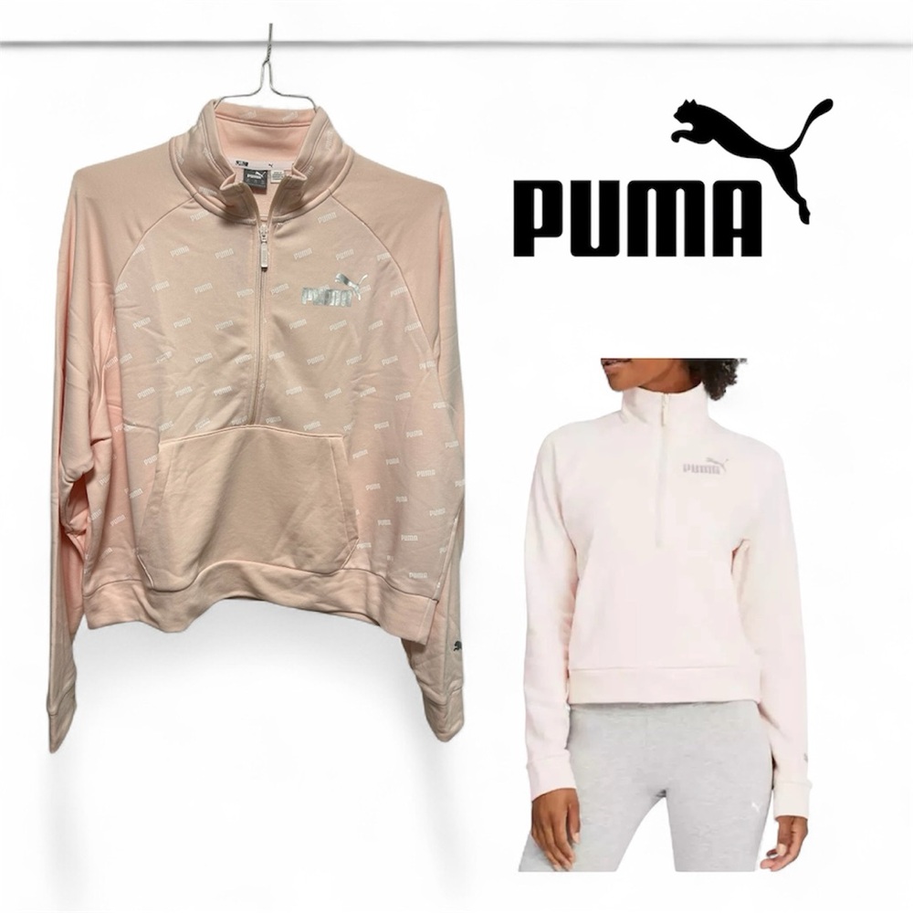 Puma Light Pink All Over Logo, Quarter Zip-Up Top